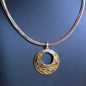 Circle Pendant Necklace, Open Center, Amber & Brown Glitter Sparkles, Gold Tone